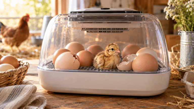 Chick hatching from a chicken egg inside a tabletop incubator