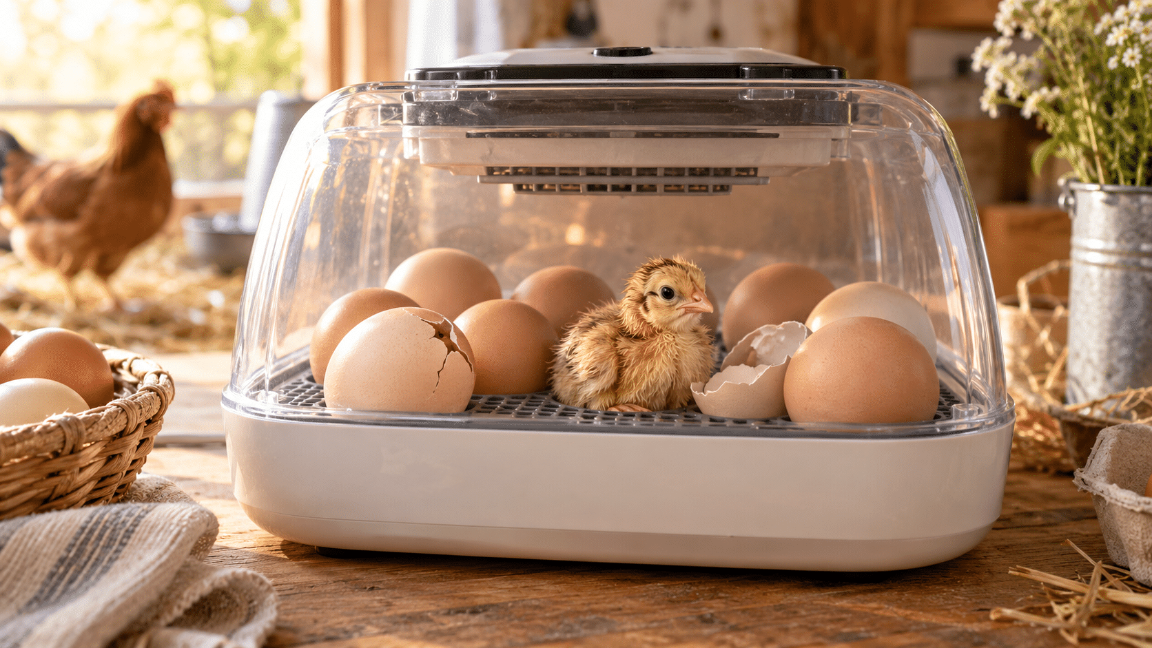 Chick hatching from a chicken egg inside a tabletop incubator